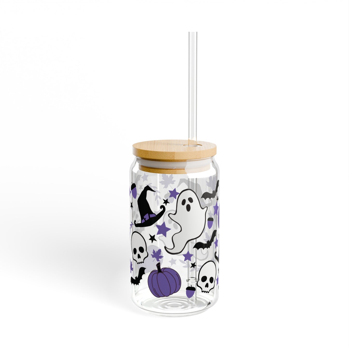 Purple Halloween 16oz Glass Can with Lid and Straw