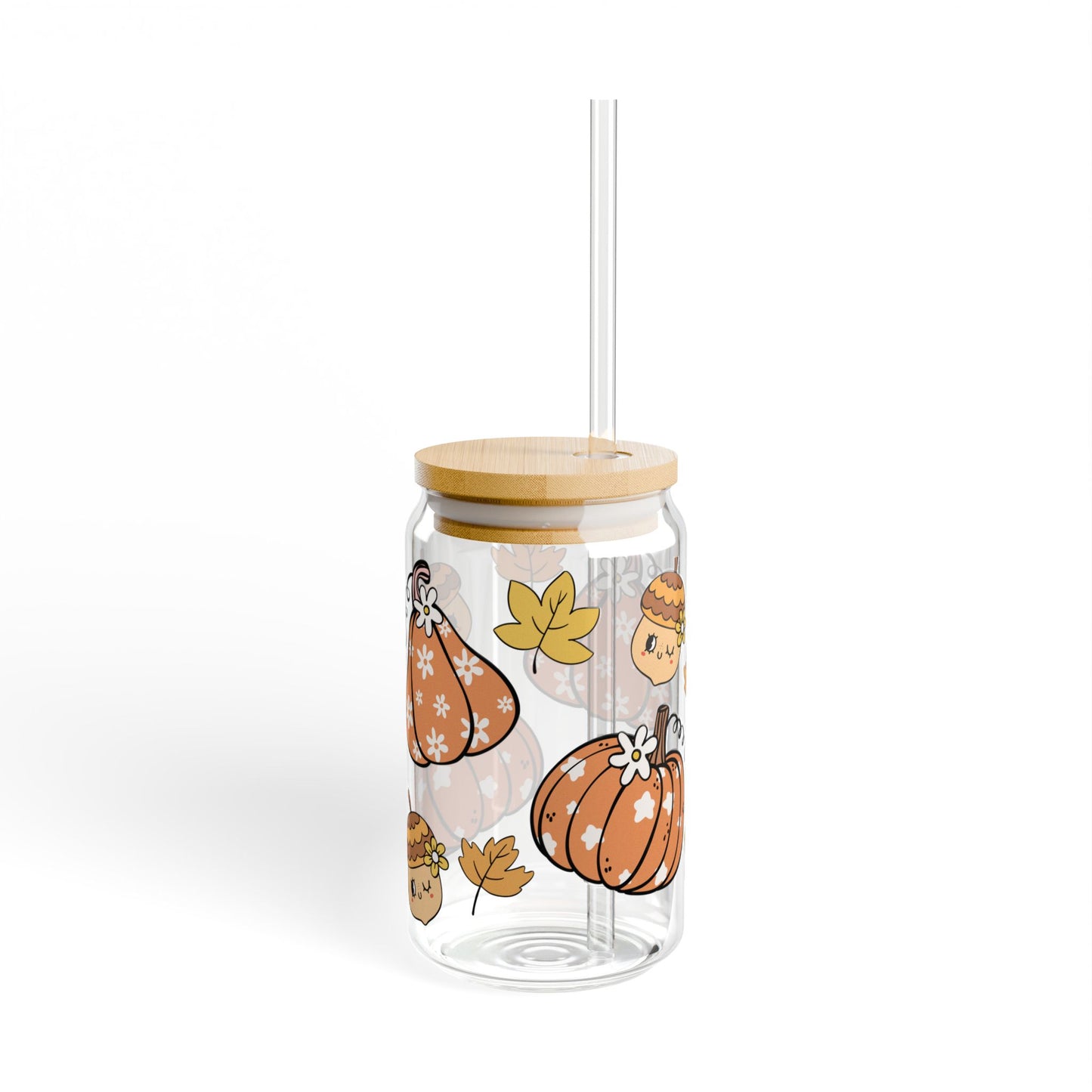 Pumpkin Fall 16oz Glass Can with Lid and Straw