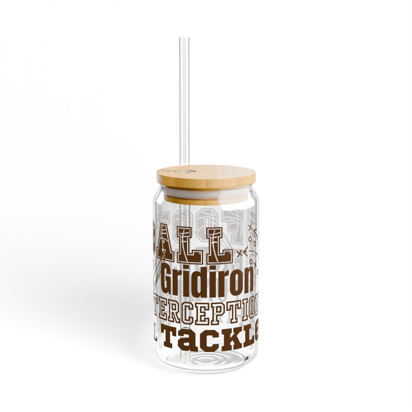 Football 16oz Glass Can with Lid and Straw