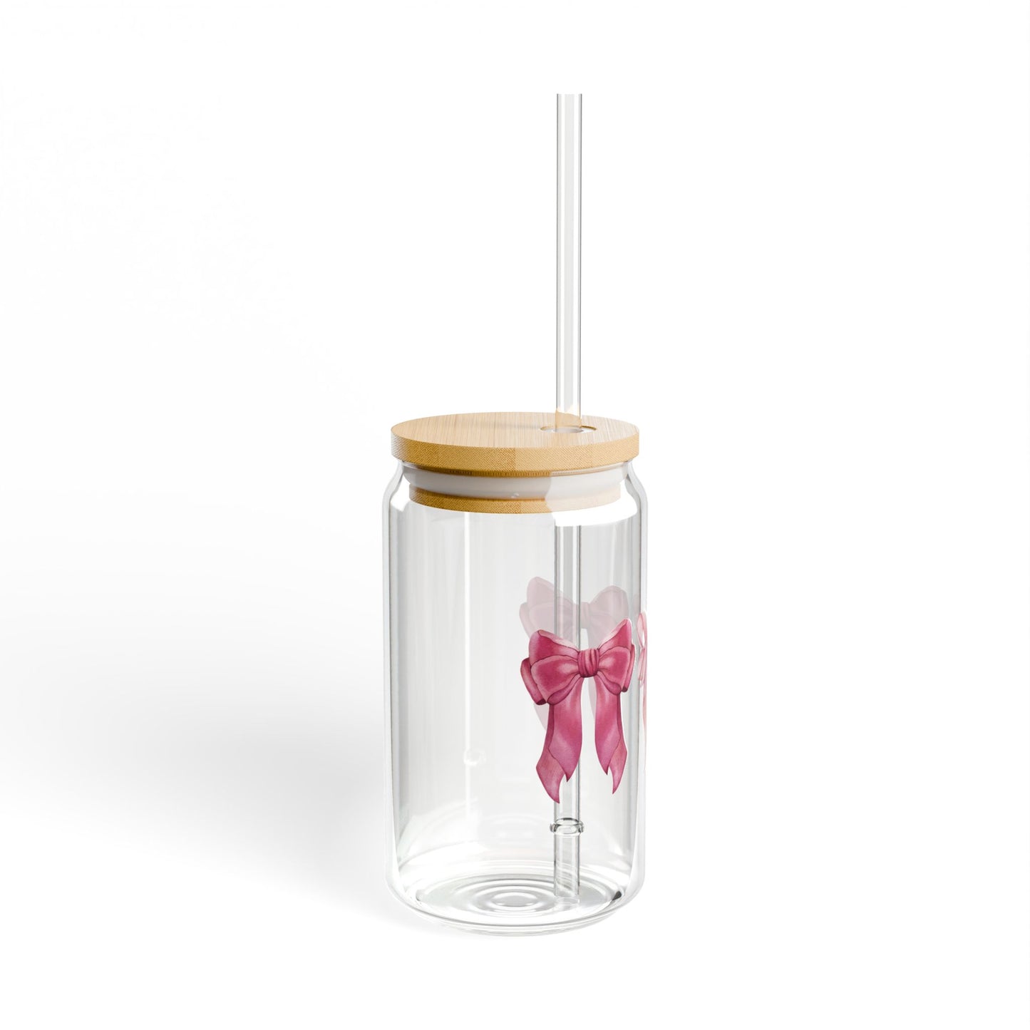 Pink Coquette Bow Glass Can with Lid and Straw