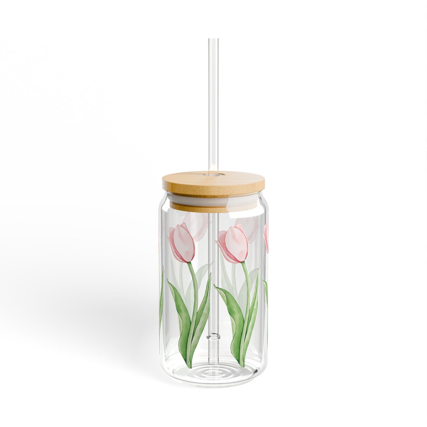 Tulip Love 16oz Glass Can with Lid and Straw