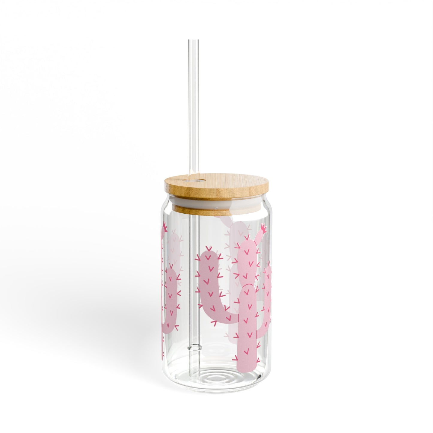 Pink Cactus 16oz Glass Can with Lid and Straw