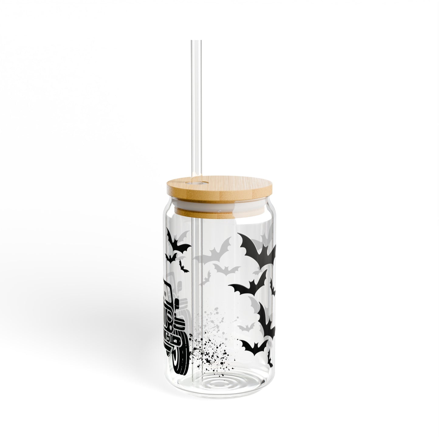 Jeep Ghost and Bats 16oz Glass Can with Lid and Straw