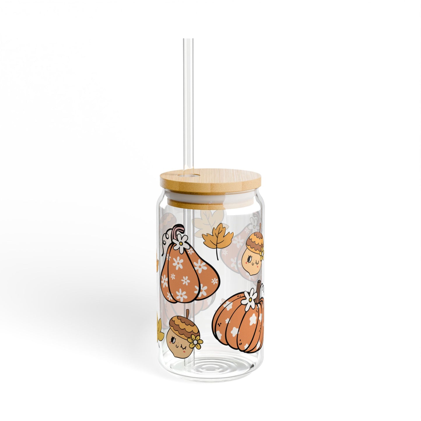 Pumpkin Fall 16oz Glass Can with Lid and Straw