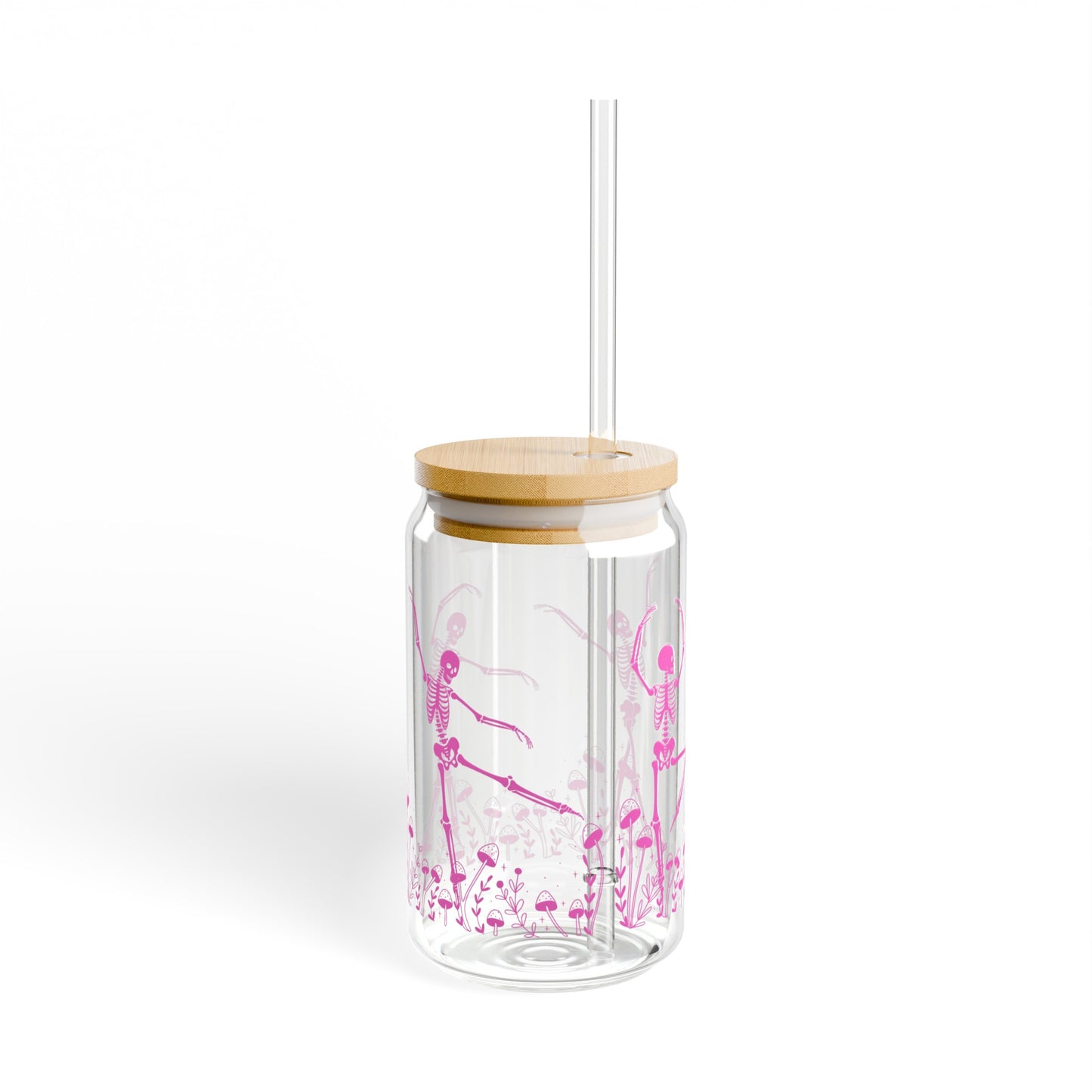Pink Skeleton 16oz Glass Can with Lid and Straw