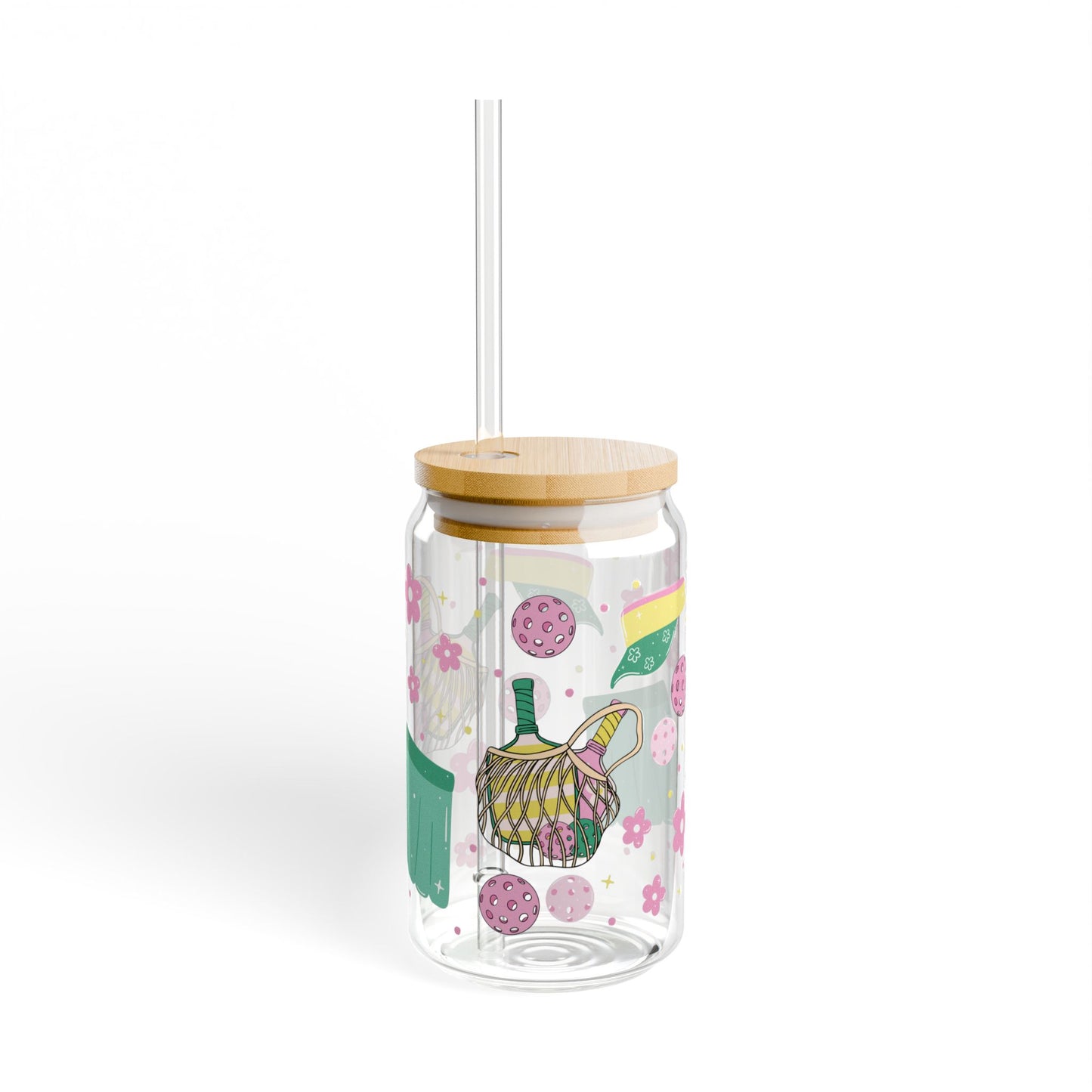 Pickleball 16oz Glass Can with Lid and Straw