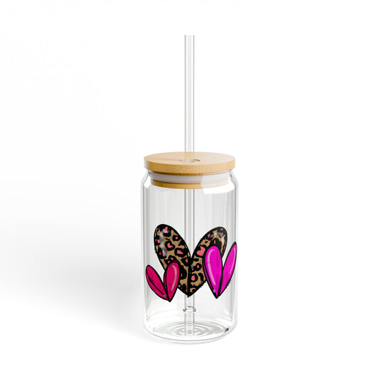 Cute Hearts 16oz Glass Can with Lid and Straw