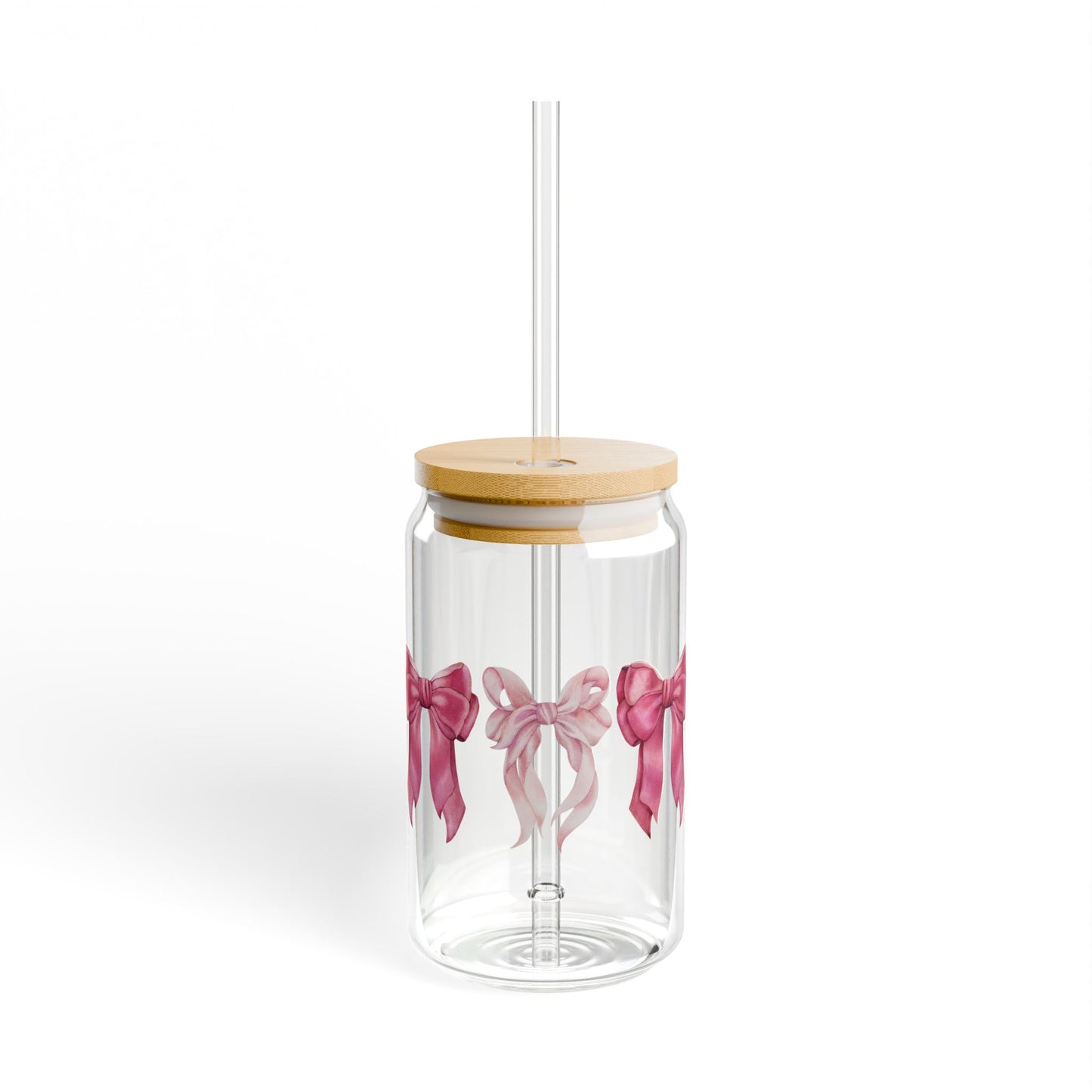 Pink Coquette Bow Glass Can with Lid and Straw