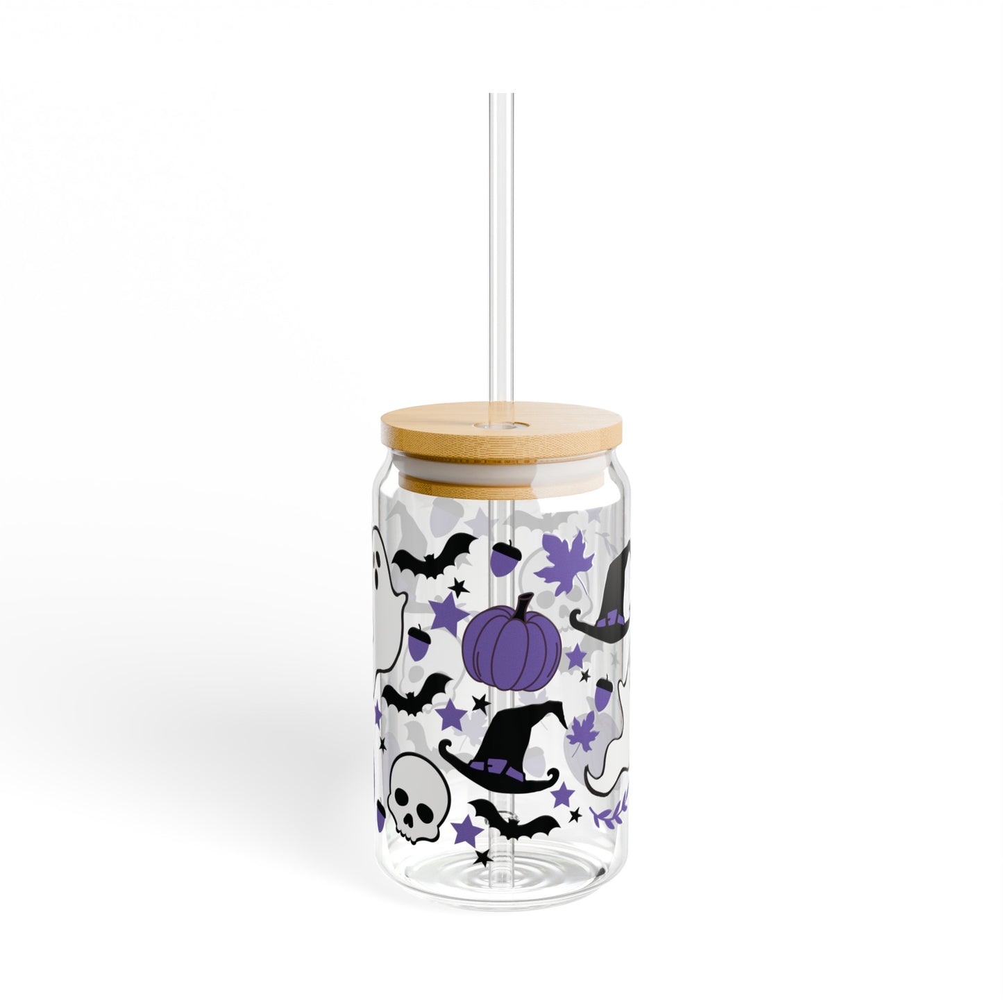 Purple Halloween 16oz Glass Can with Lid and Straw