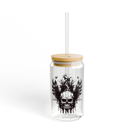 Skull and Wings 16oz Glass Can with Lid and Straw