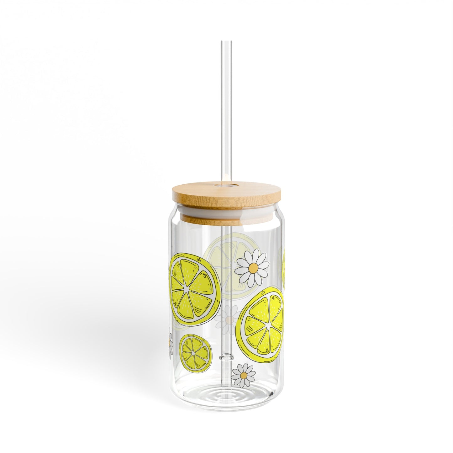 Lemons and Daisies 16oz Glass Can with Lid and Straw