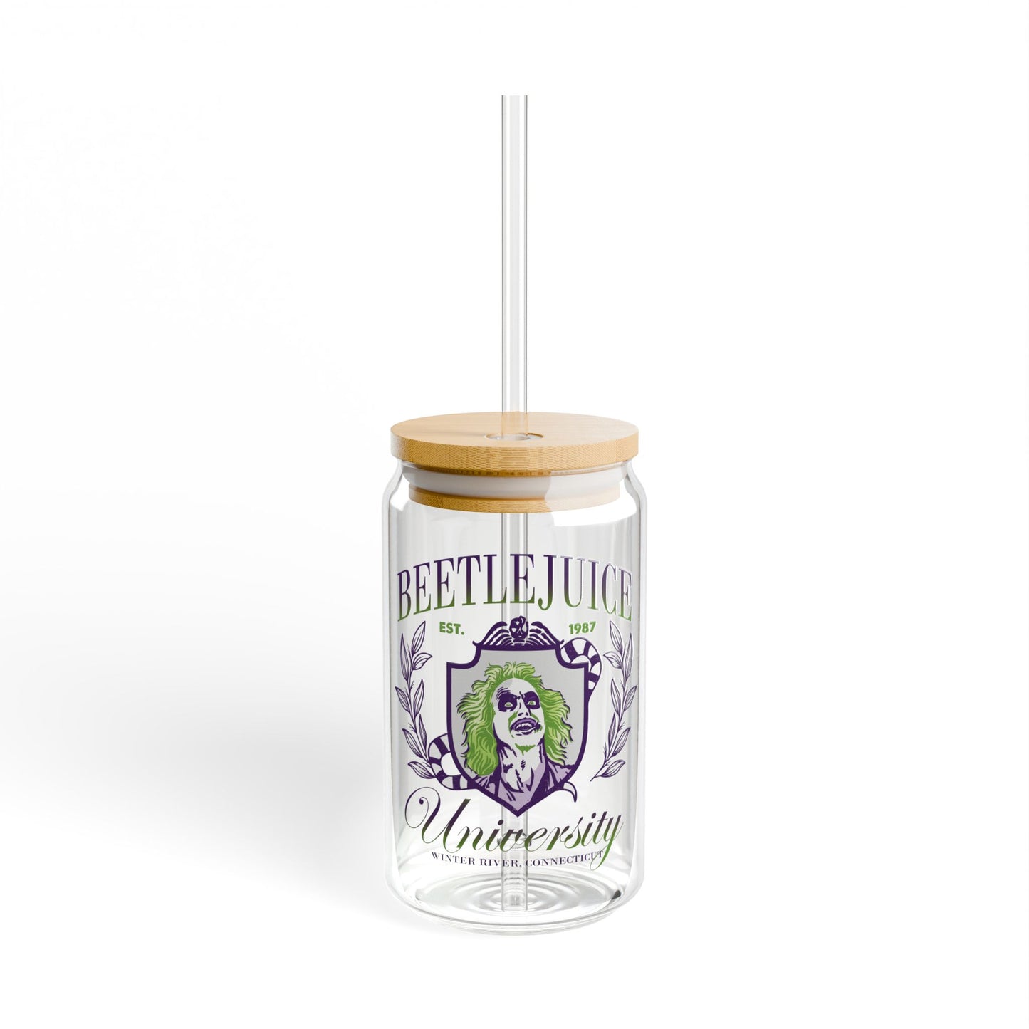 Bettlejuice University 16oz Glass Can with Lid and Straw
