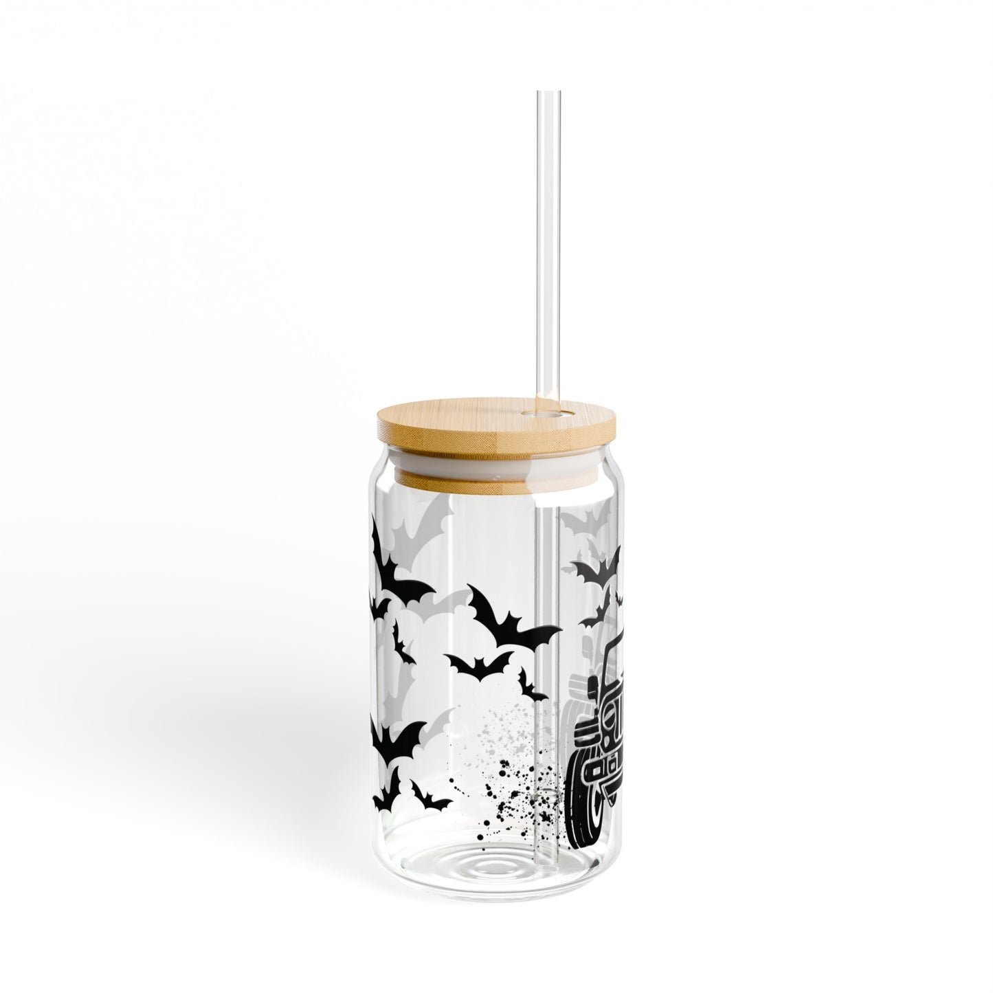 Jeep Ghost and Bats 16oz Glass Can with Lid and Straw