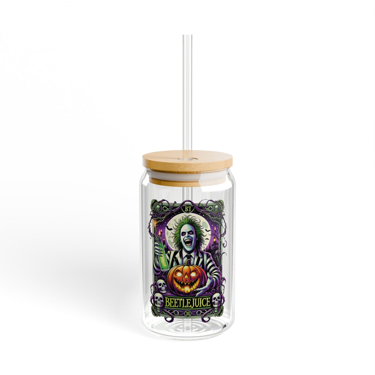 Beetlejuice 16oz Glass Can with Lid and Straw