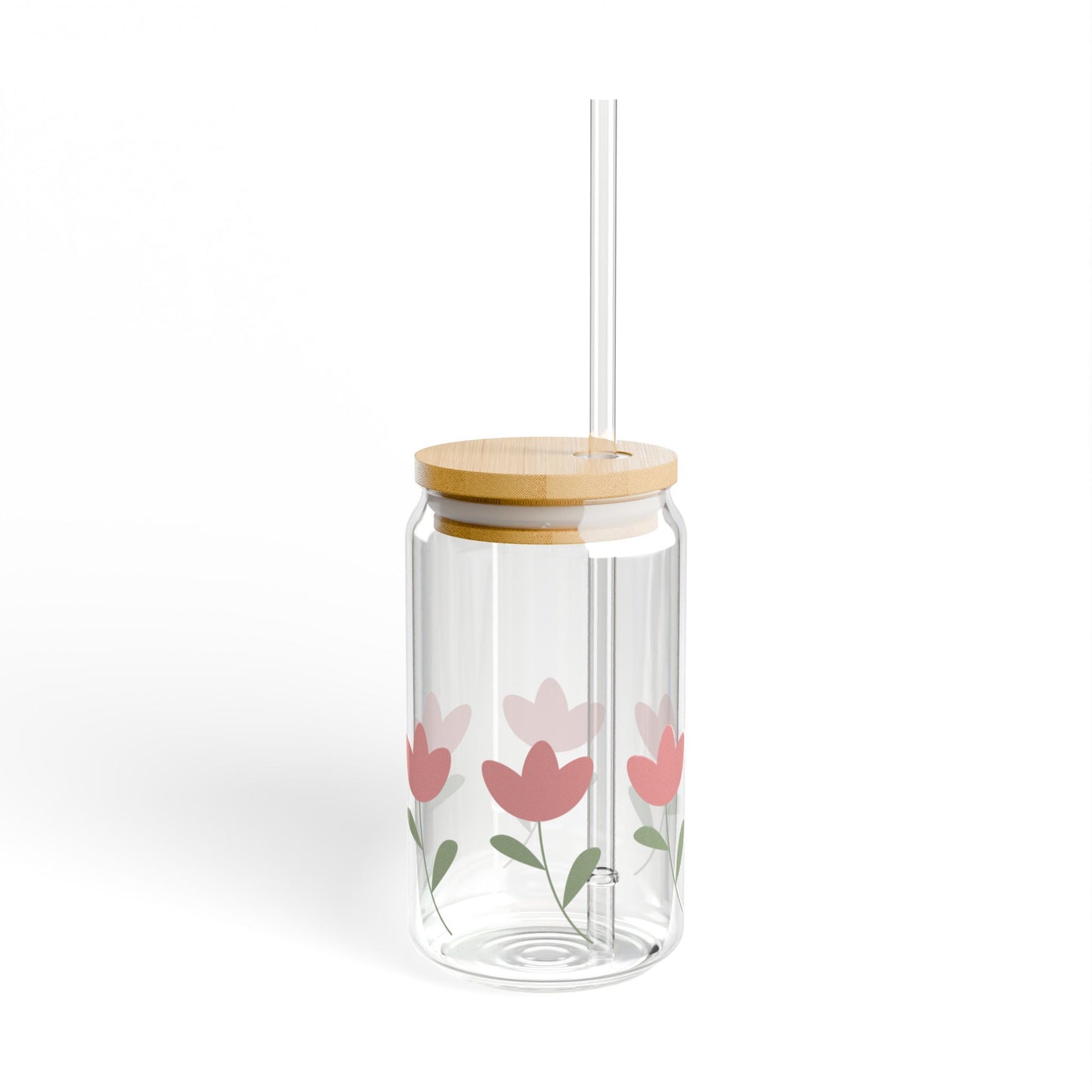 Pink Tulips 16oz Glass Can with Lid and Straw