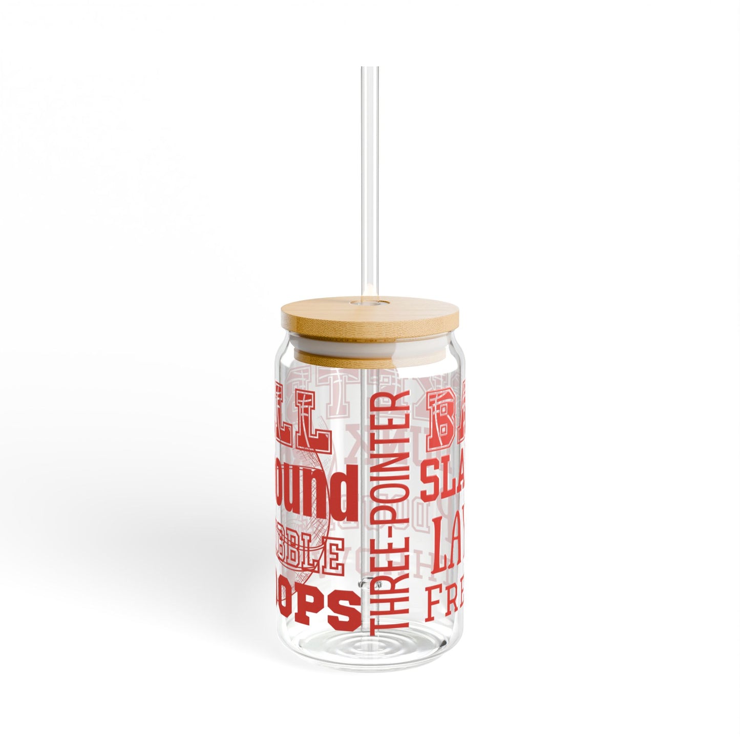 Basketball 16oz Glass Can with Lid and Straw