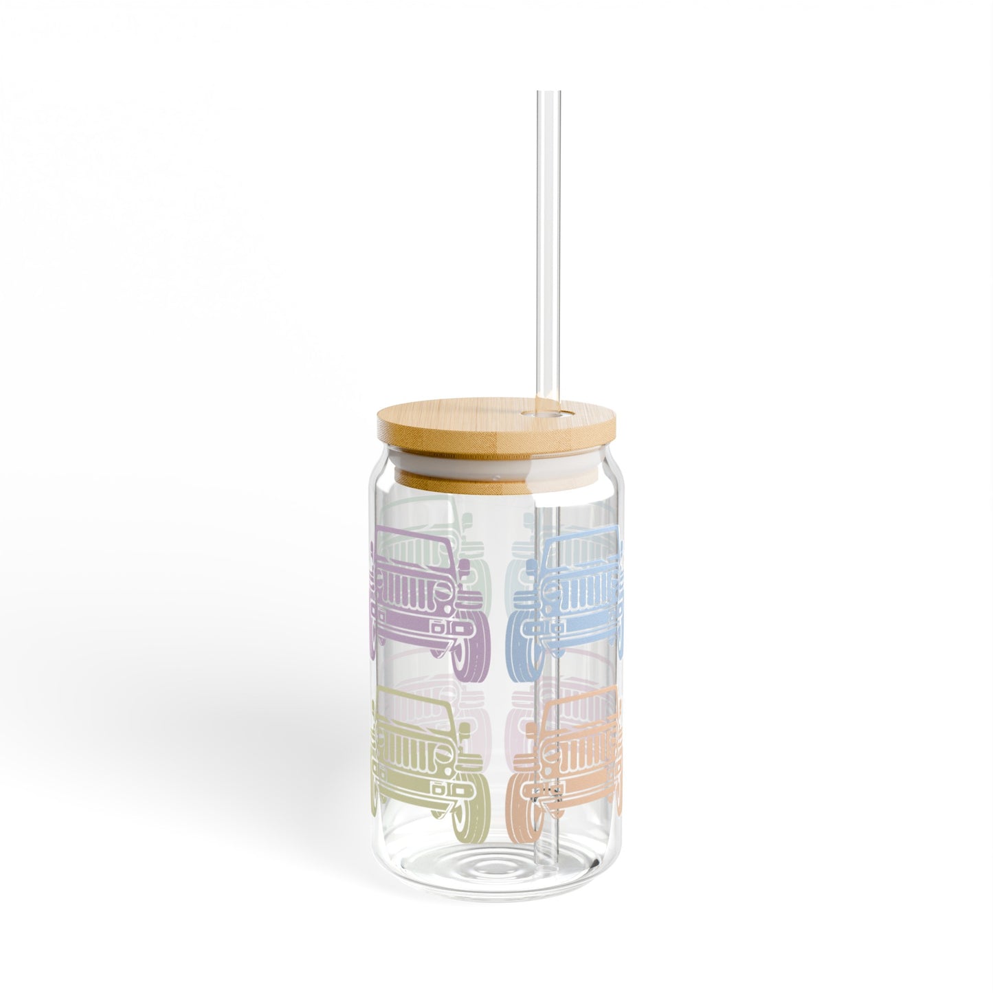 Pastel Jeeps 16oz Glass Can with Lid and Straw