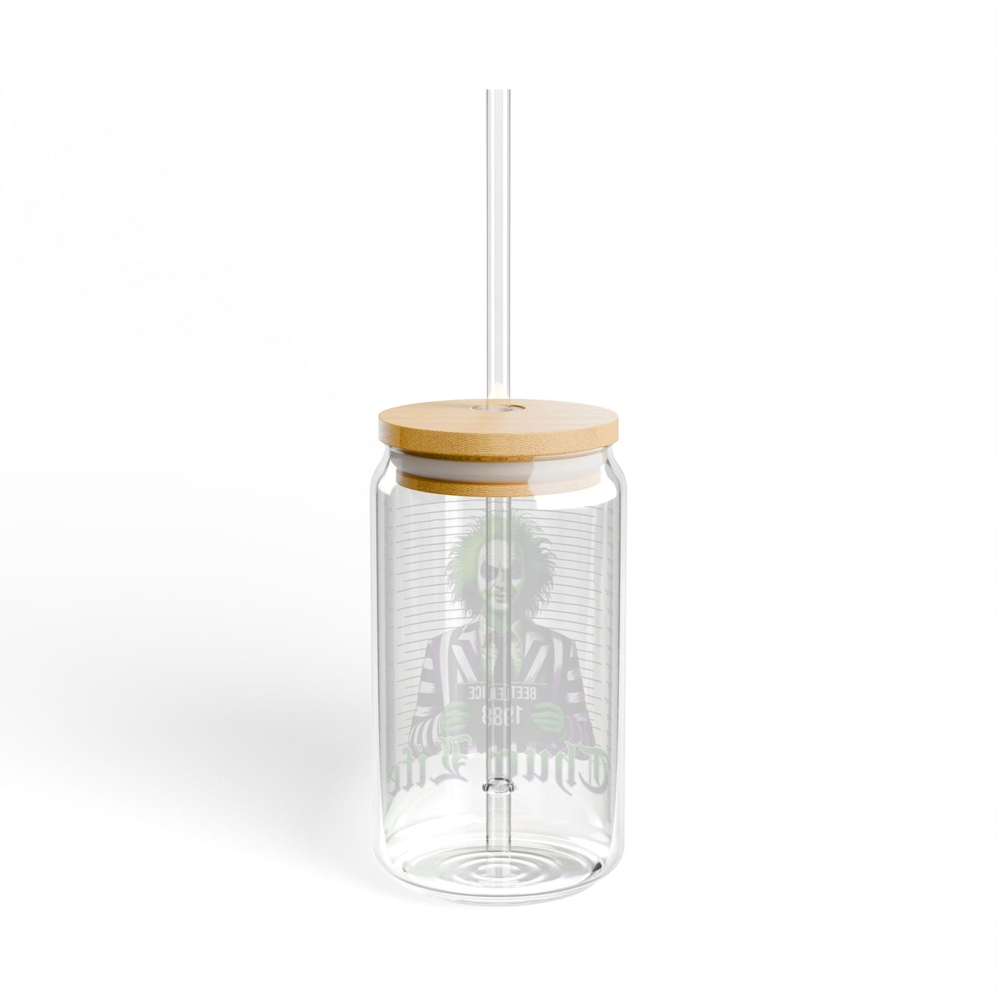 Beetlejuice Thug Life 16oz Glass Can with Lid and Straw