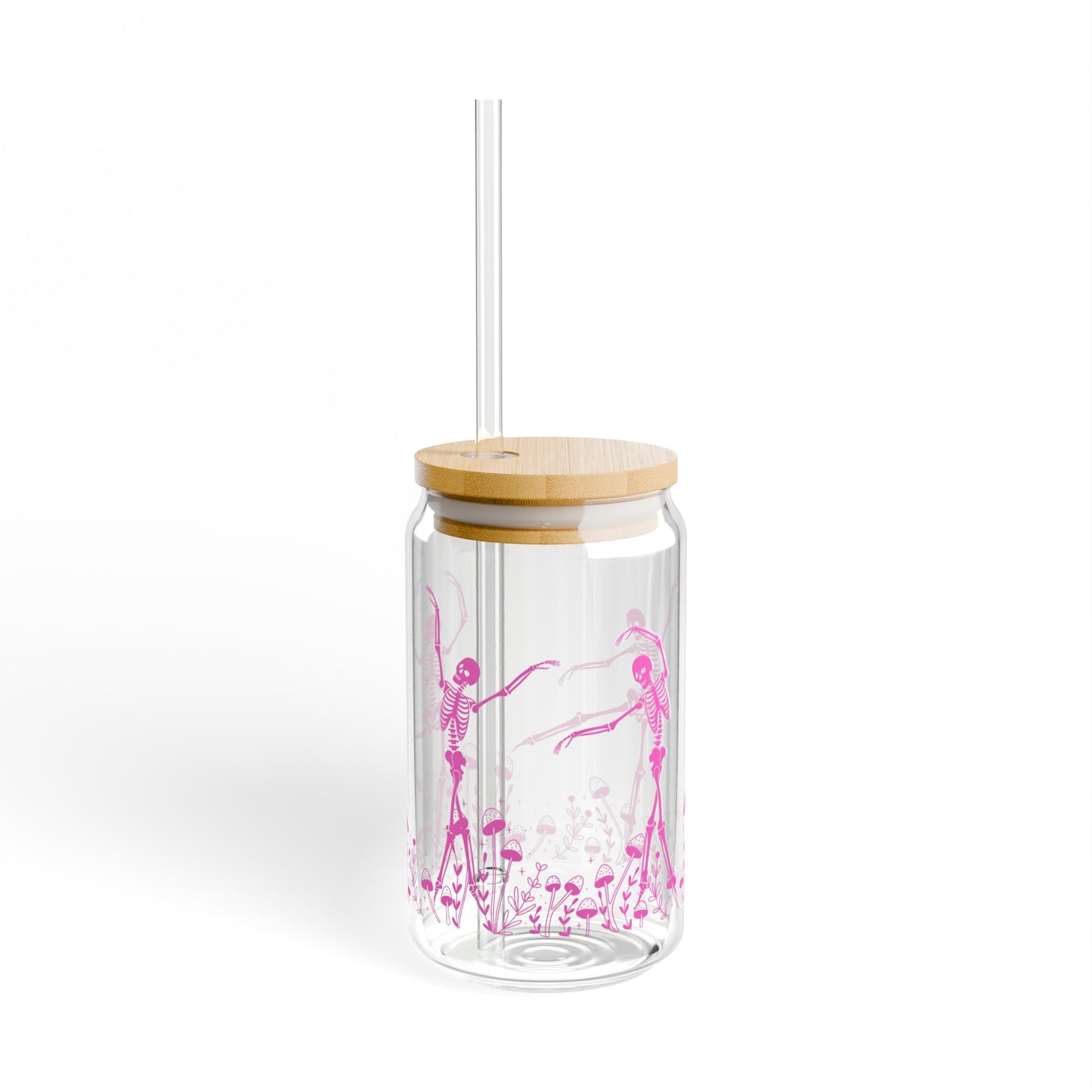 Pink Skeleton 16oz Glass Can with Lid and Straw