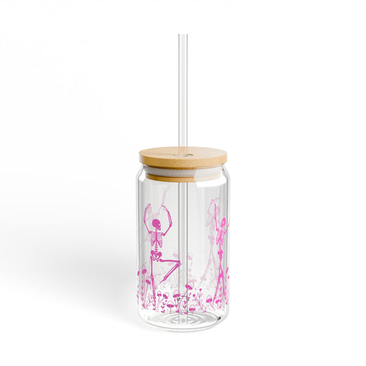 Pink Skeleton 16oz Glass Can with Lid and Straw