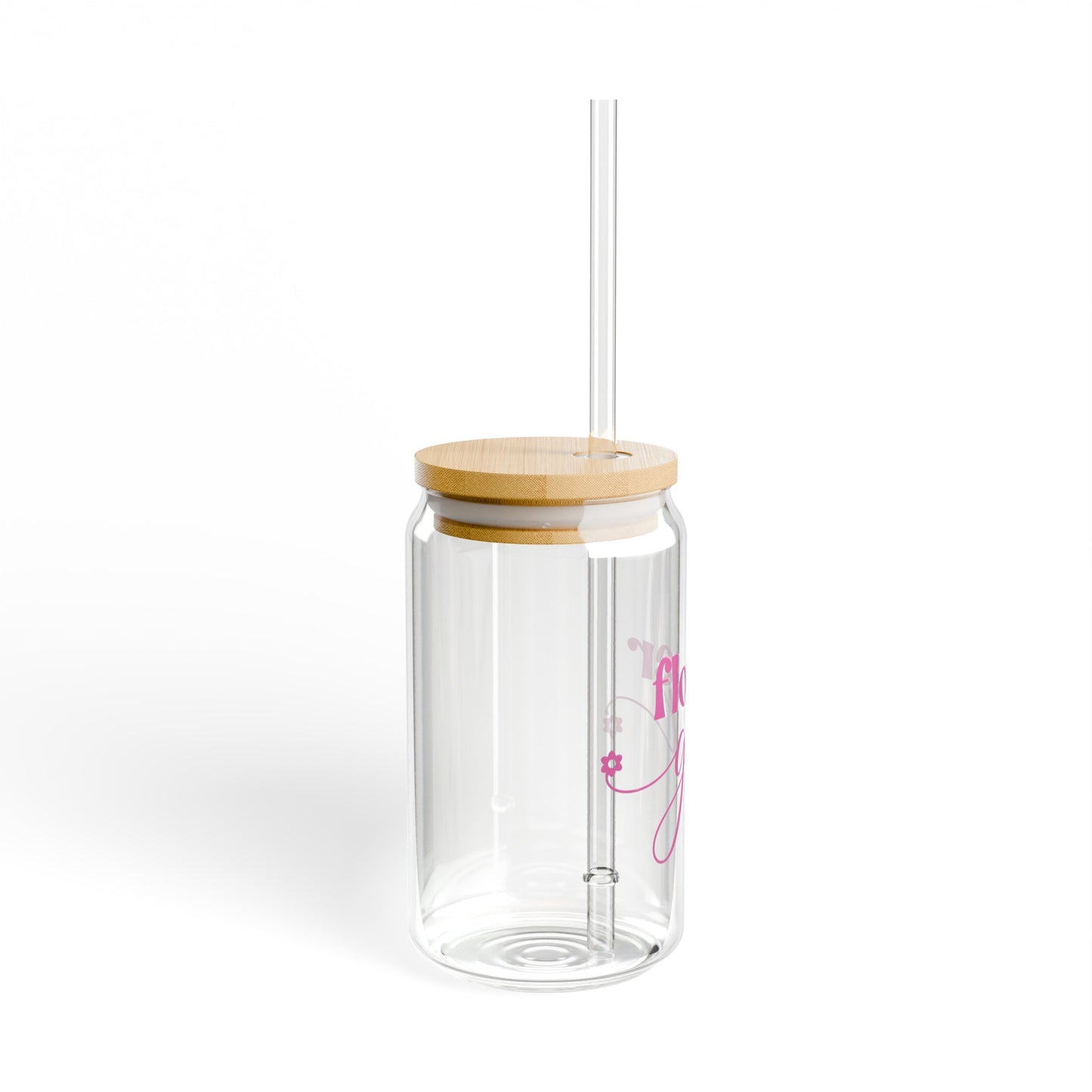 Pink Flower Girl 16oz Glass Can with Lid and Straw