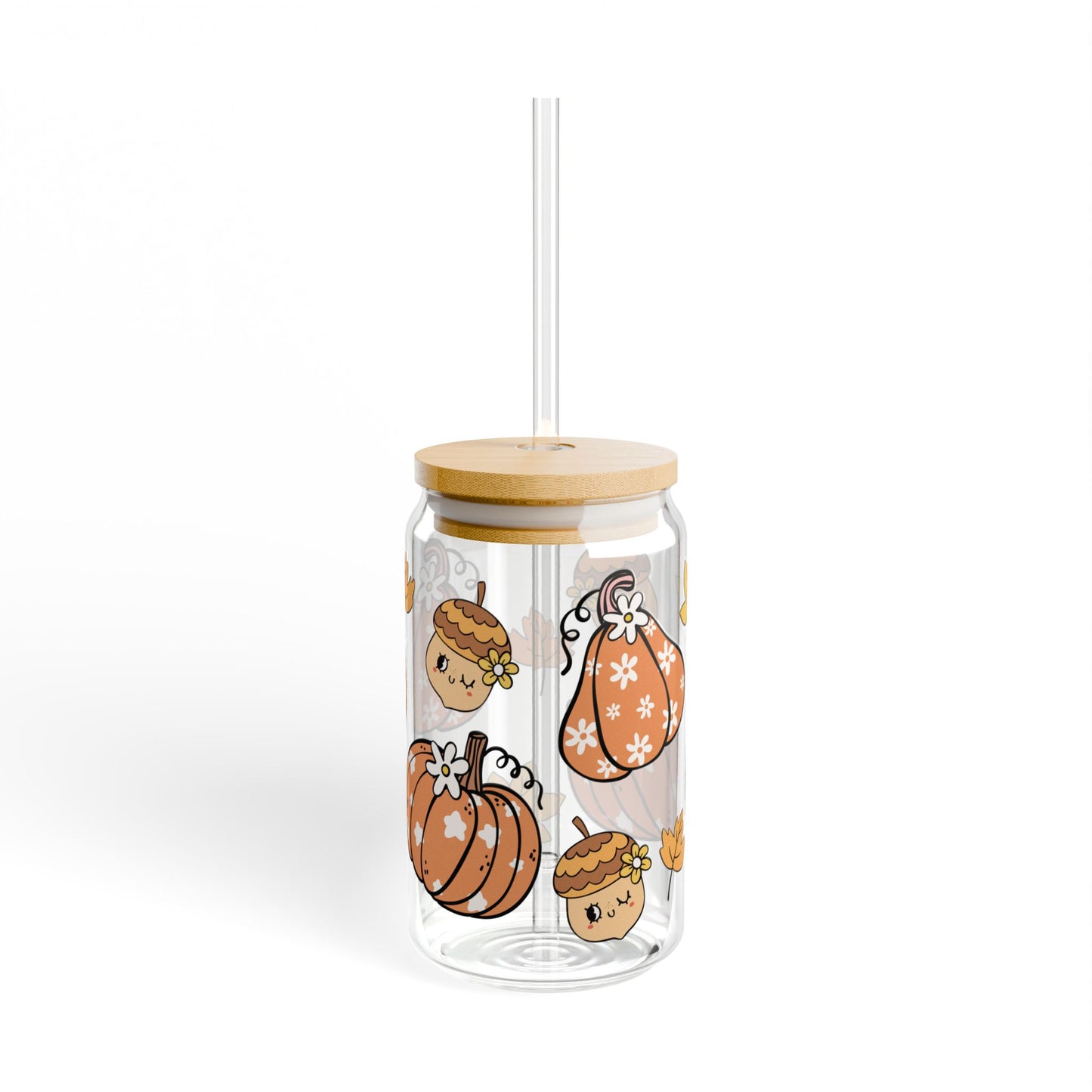 Pumpkin Fall 16oz Glass Can with Lid and Straw