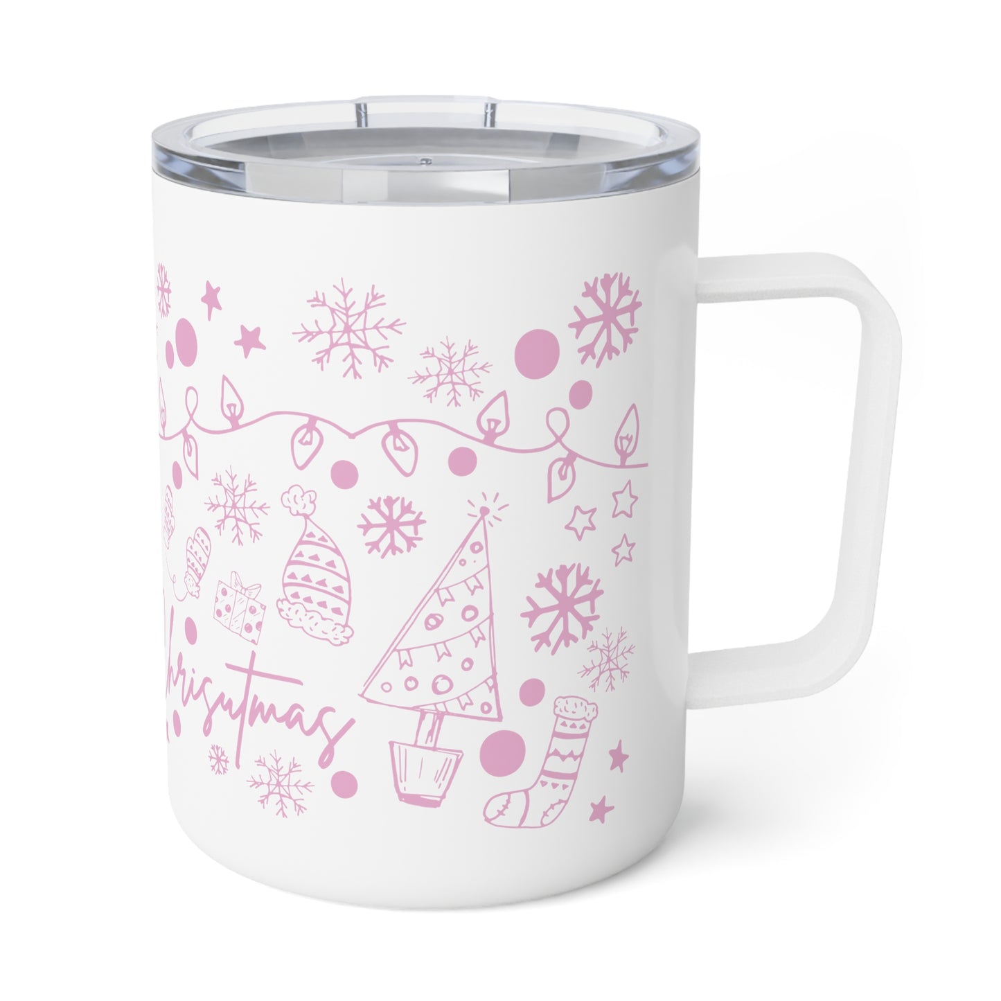 Pink Christmas Doodles Insulated Coffee Mug, 10oz