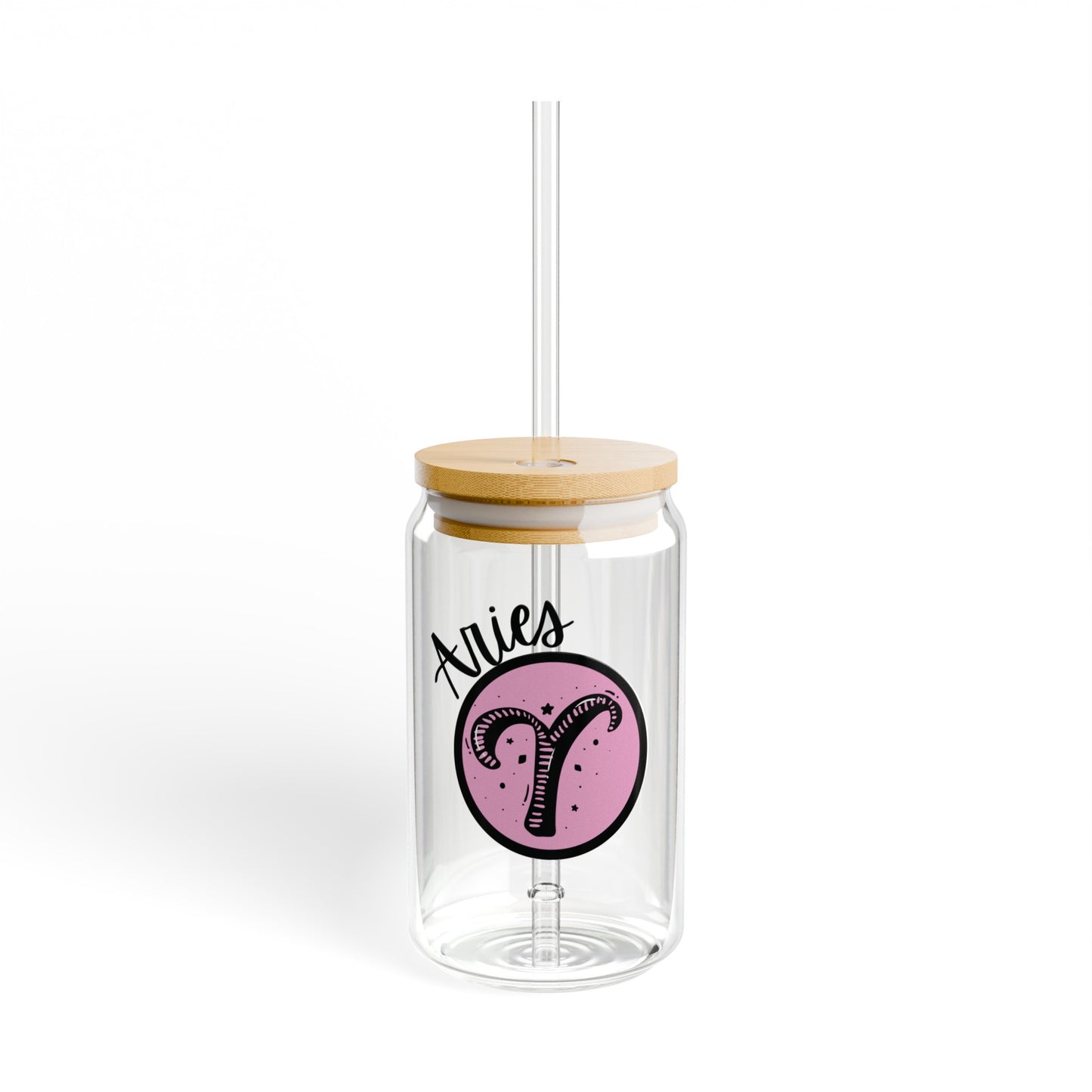 Pink and Black Aries 16oz Glass Can with Lid and Straw