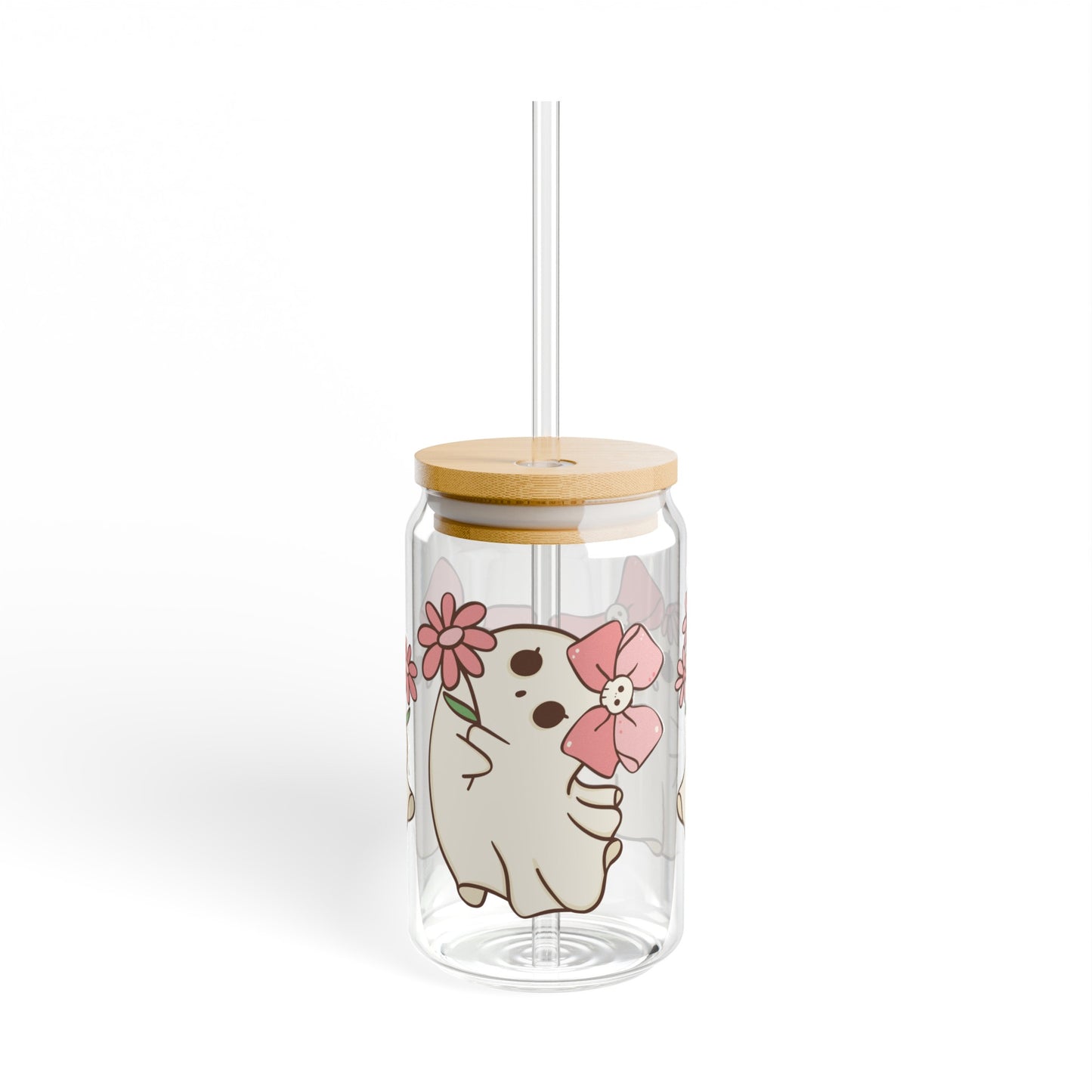 Pink Flower Ghost 16oz Glass Can with Lid and Straw