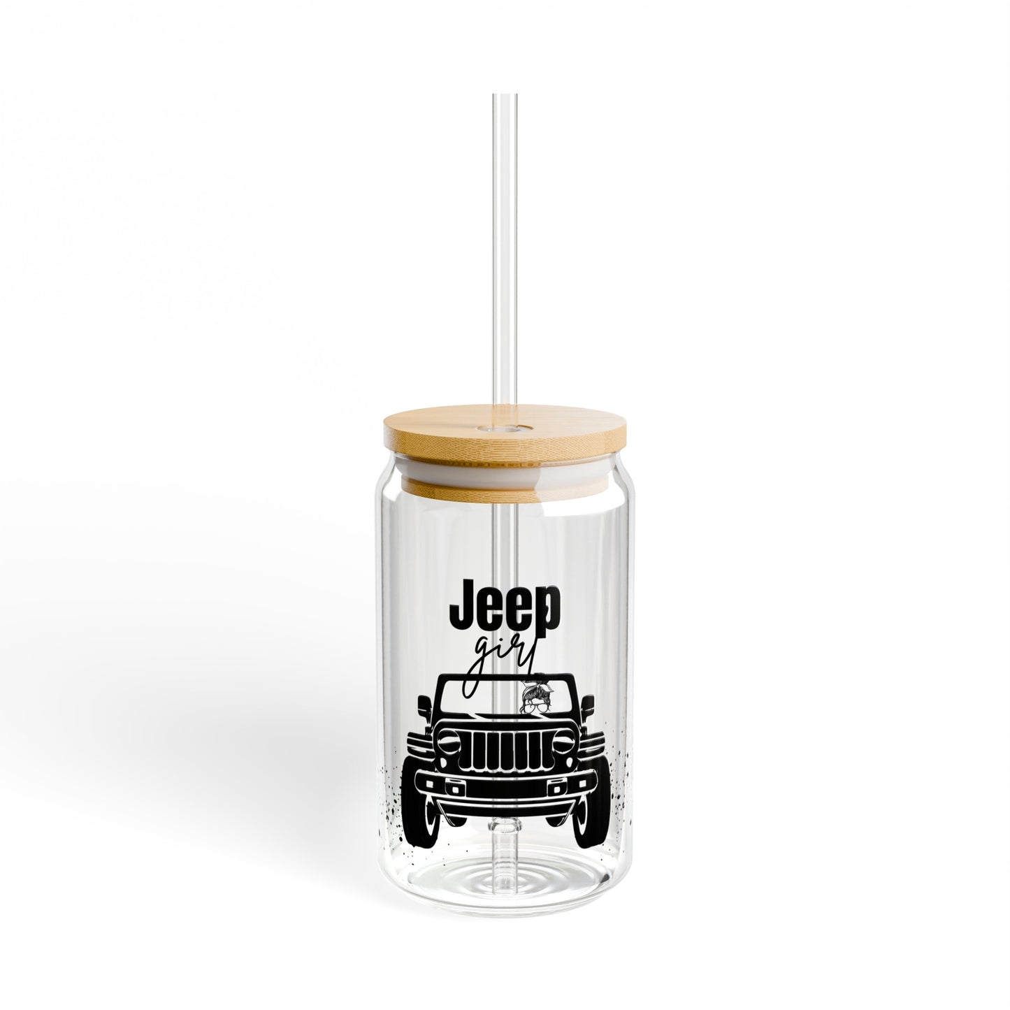 Black Jeep Girl 16oz Glass Can with Lid and Straw