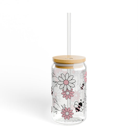 Pink Bees and Flowers 16oz Glass Can with Lid and Straw