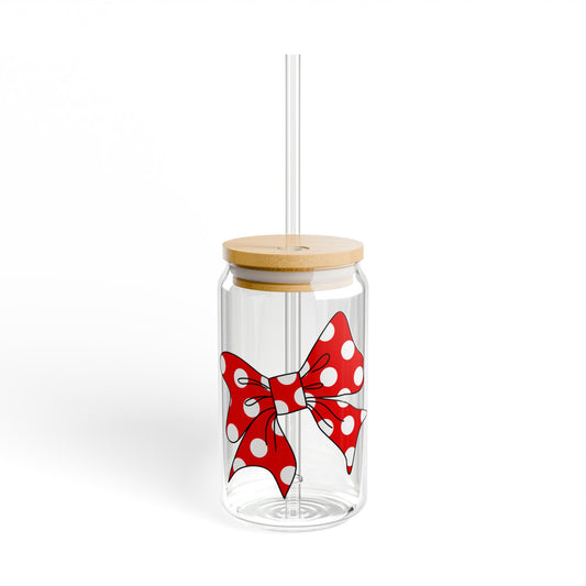 Red Polka Dot Bow 16oz Glass Can with Lid and Straw