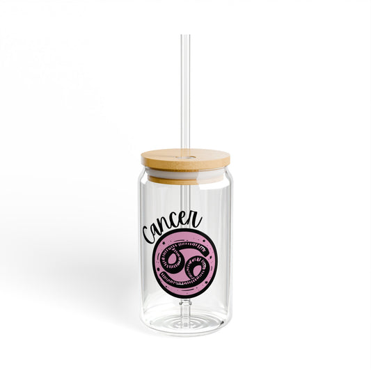 Pink and Black Cancer 16oz Glass Can with Lid and Straw