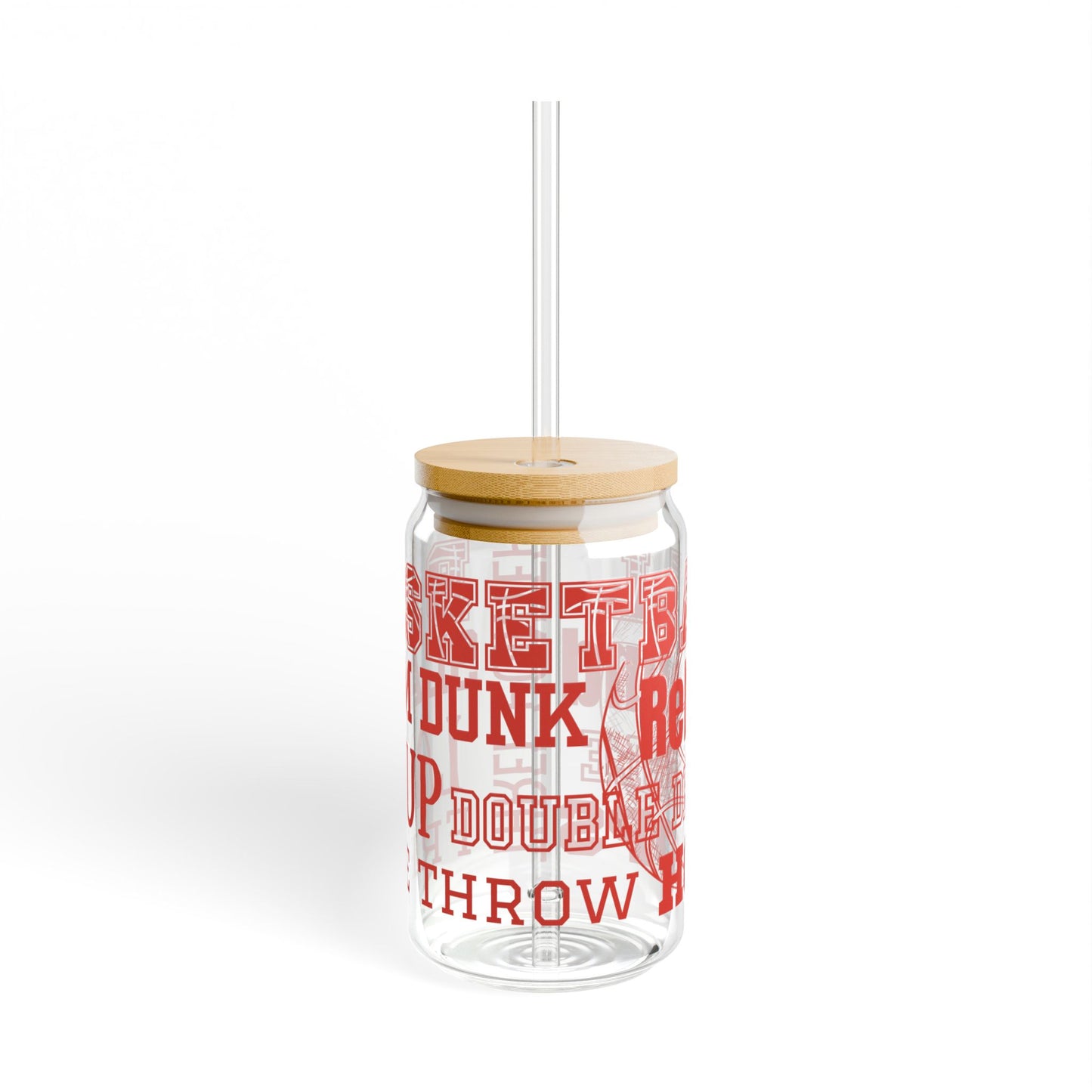 Basketball 16oz Glass Can with Lid and Straw