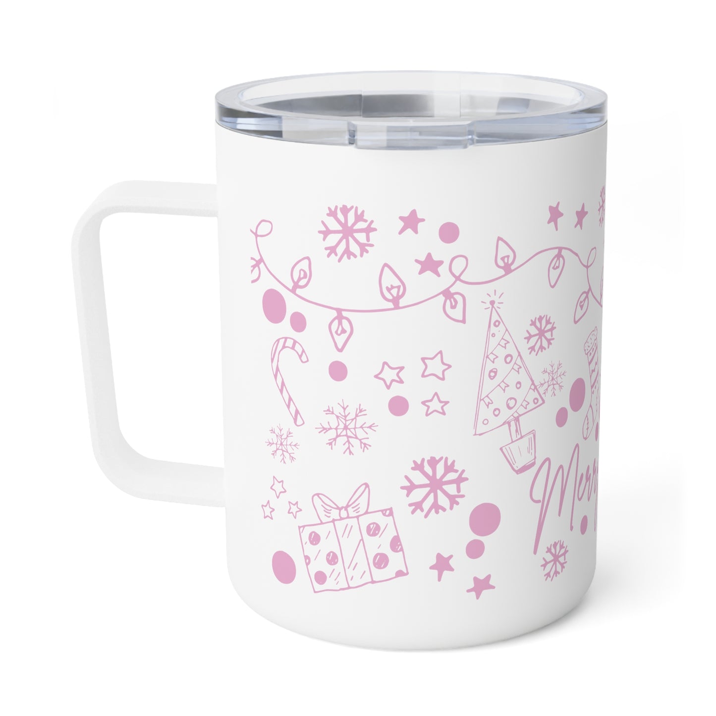 Pink Christmas Doodles Insulated Coffee Mug, 10oz