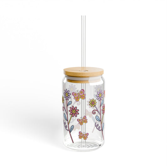 Flowers and Butterflies 16oz Glass Can with Lid and Straw