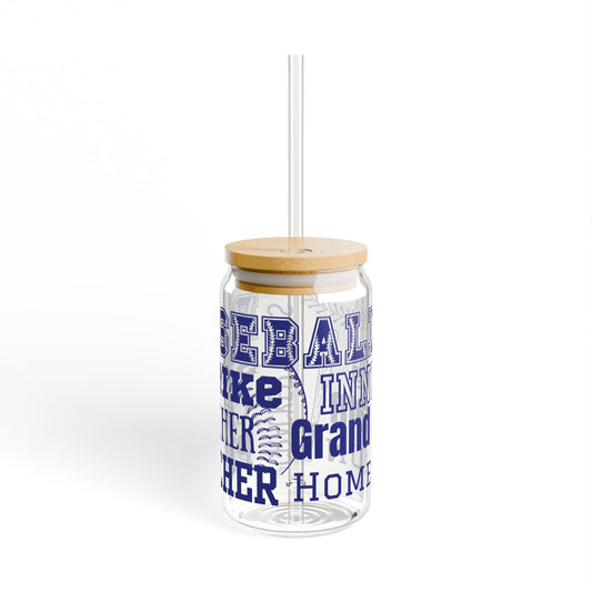 Baseball 16oz Glass Can with Lid and Straw