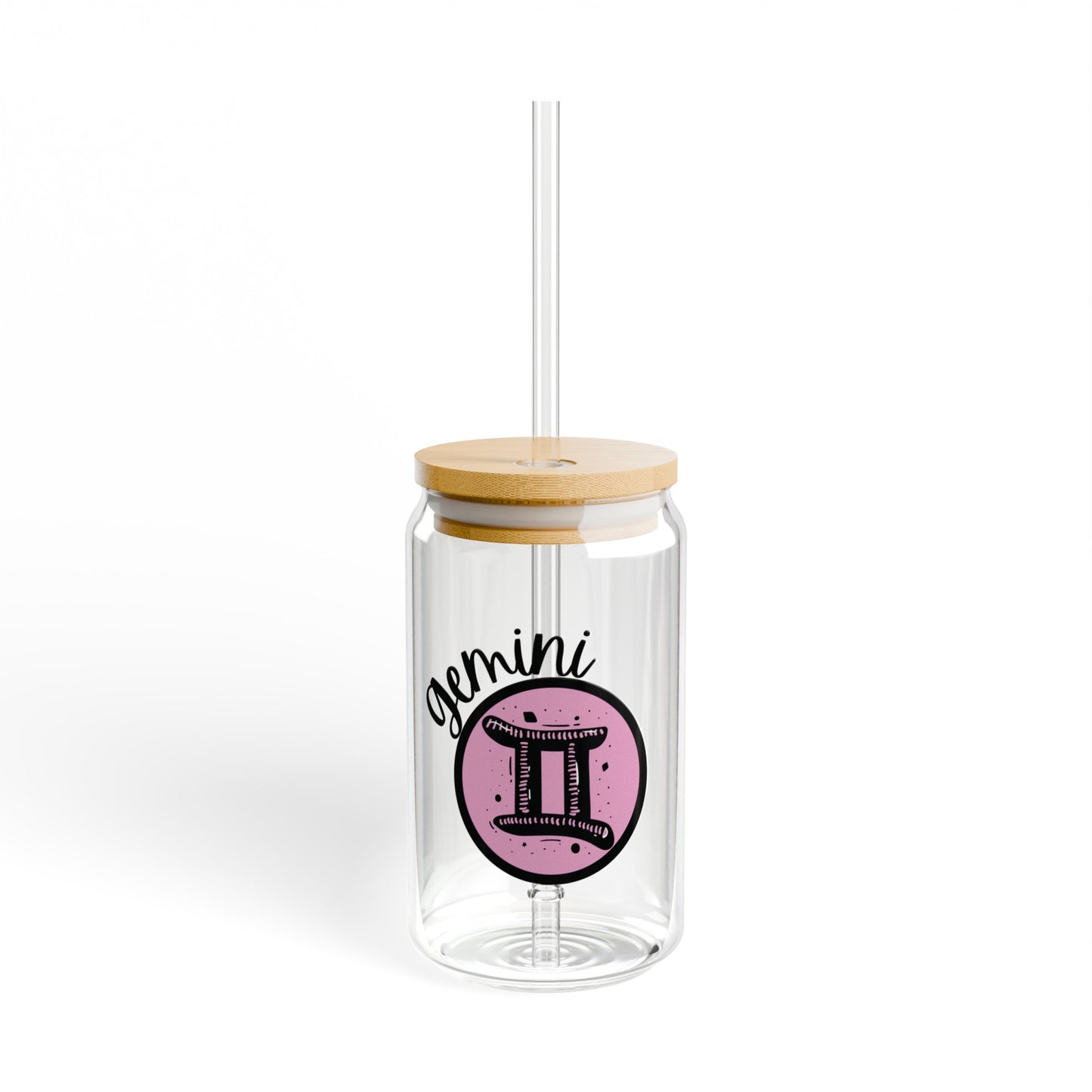 Pink and Black Gemini 16oz Glass Can with Lid and Straw