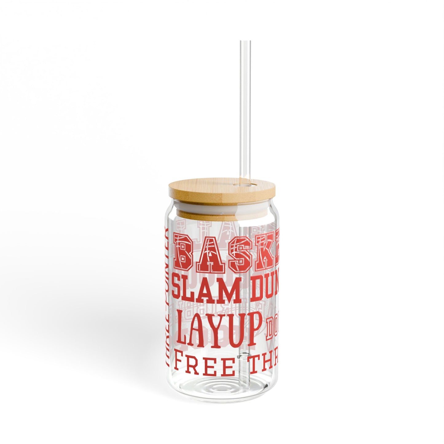 Basketball 16oz Glass Can with Lid and Straw