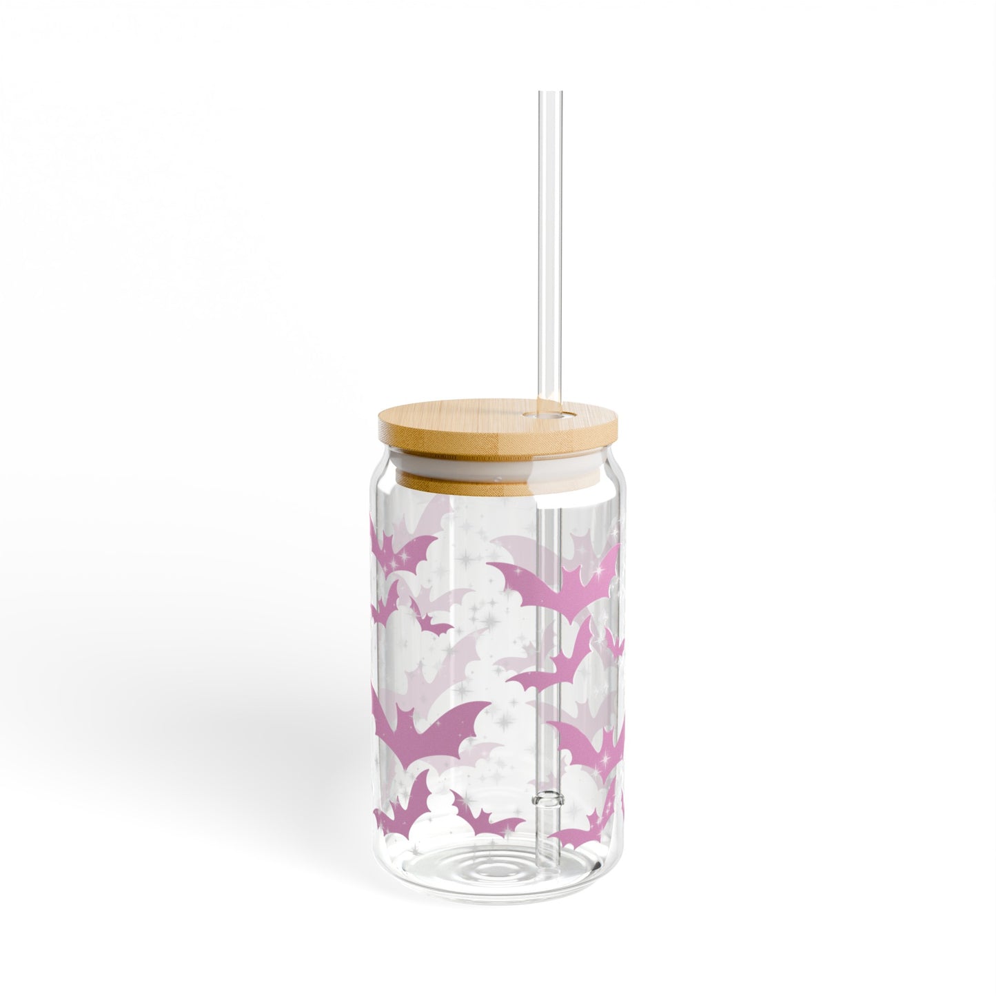 Pink Bats and Stars 16oz Glass Can with Lid and Straw