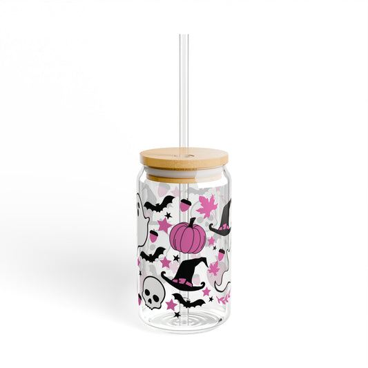 Pink Halloween 16oz Glass Can with Lid and Straw