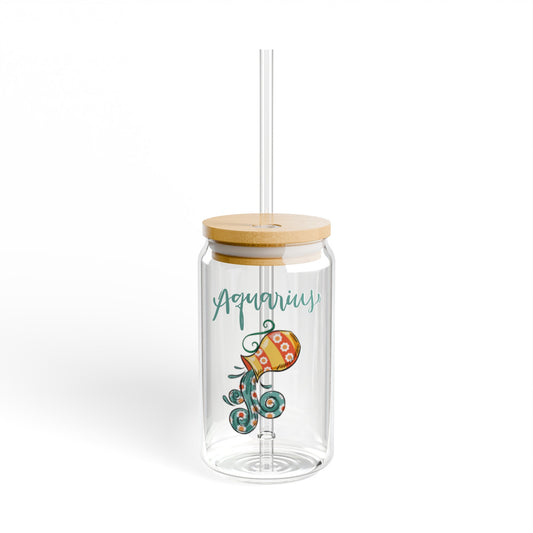 Aquarius Astrology 16oz Glass Can with Lid and Straw