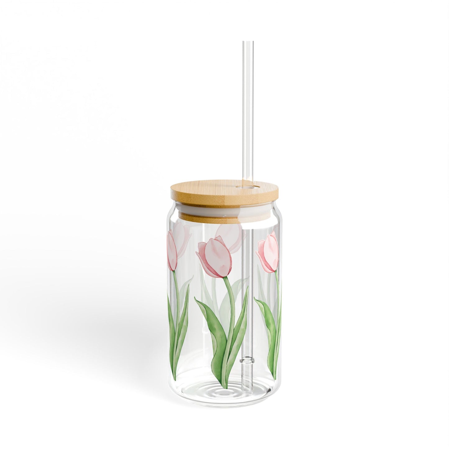 Tulip Love 16oz Glass Can with Lid and Straw