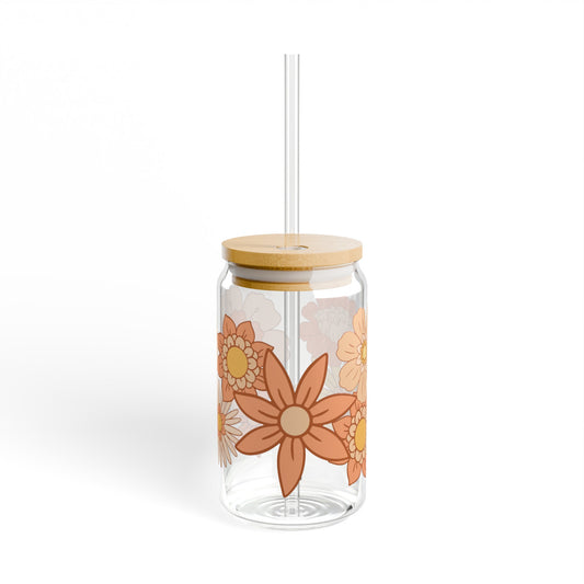 Orange Retro Flowers 16oz Glass Can with Lid and Straw