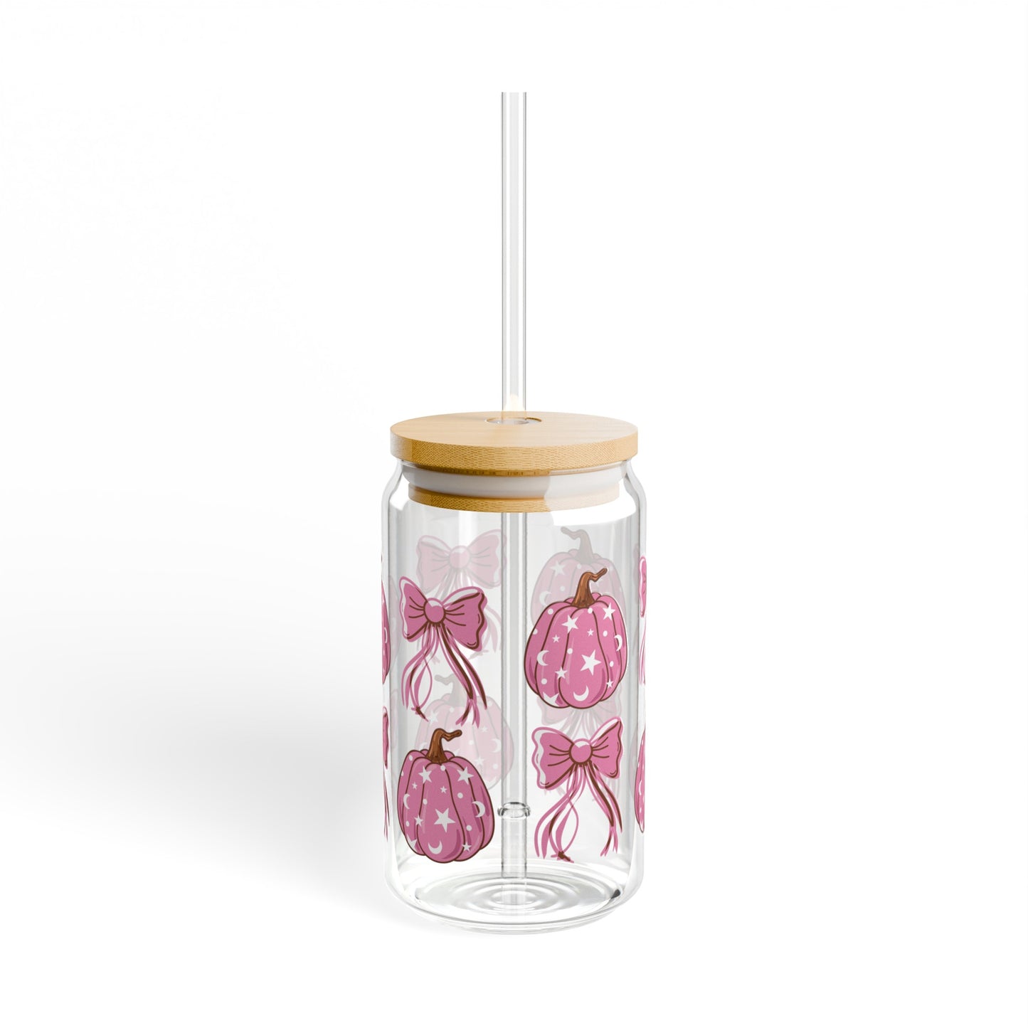 Pink Pumpkin Coquette16oz Glass Can with Lid and Straw