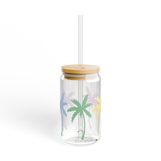 Pastel Palm Trees 16oz Glass Can with Lid and Straw
