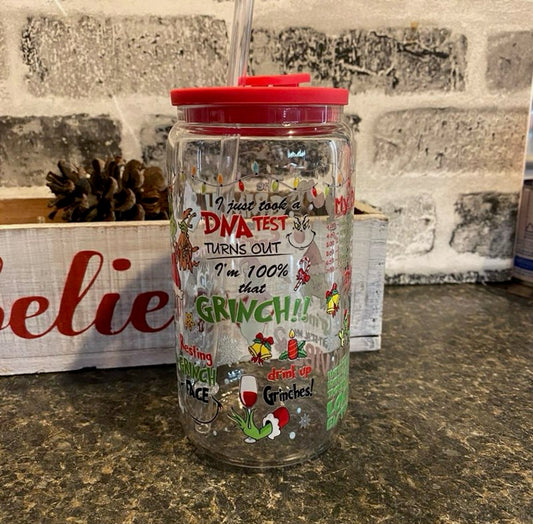 Grinchmas 16oz Glass Can with Red Silicone Lid and Glass Straw