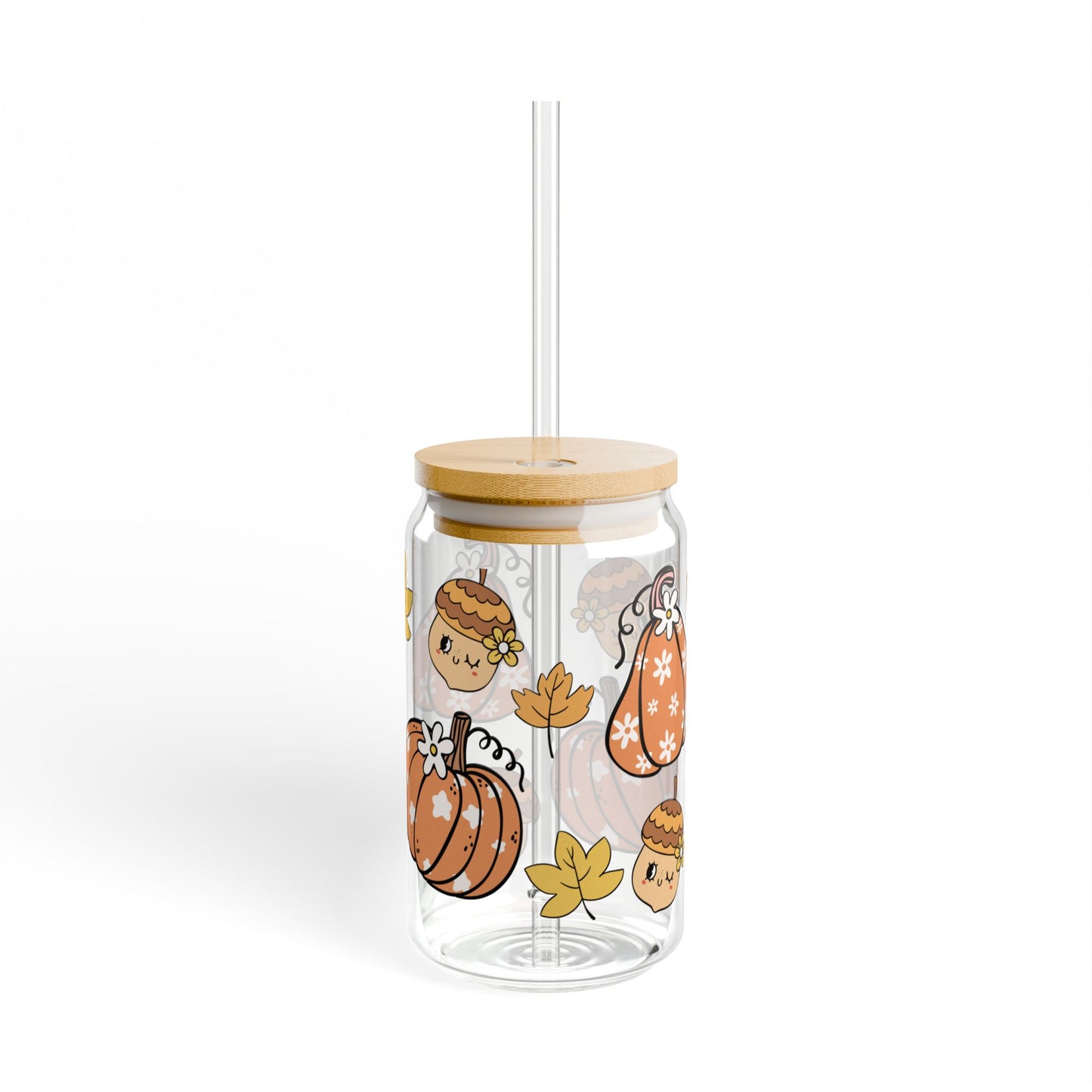 Pumpkin Fall 16oz Glass Can with Lid and Straw