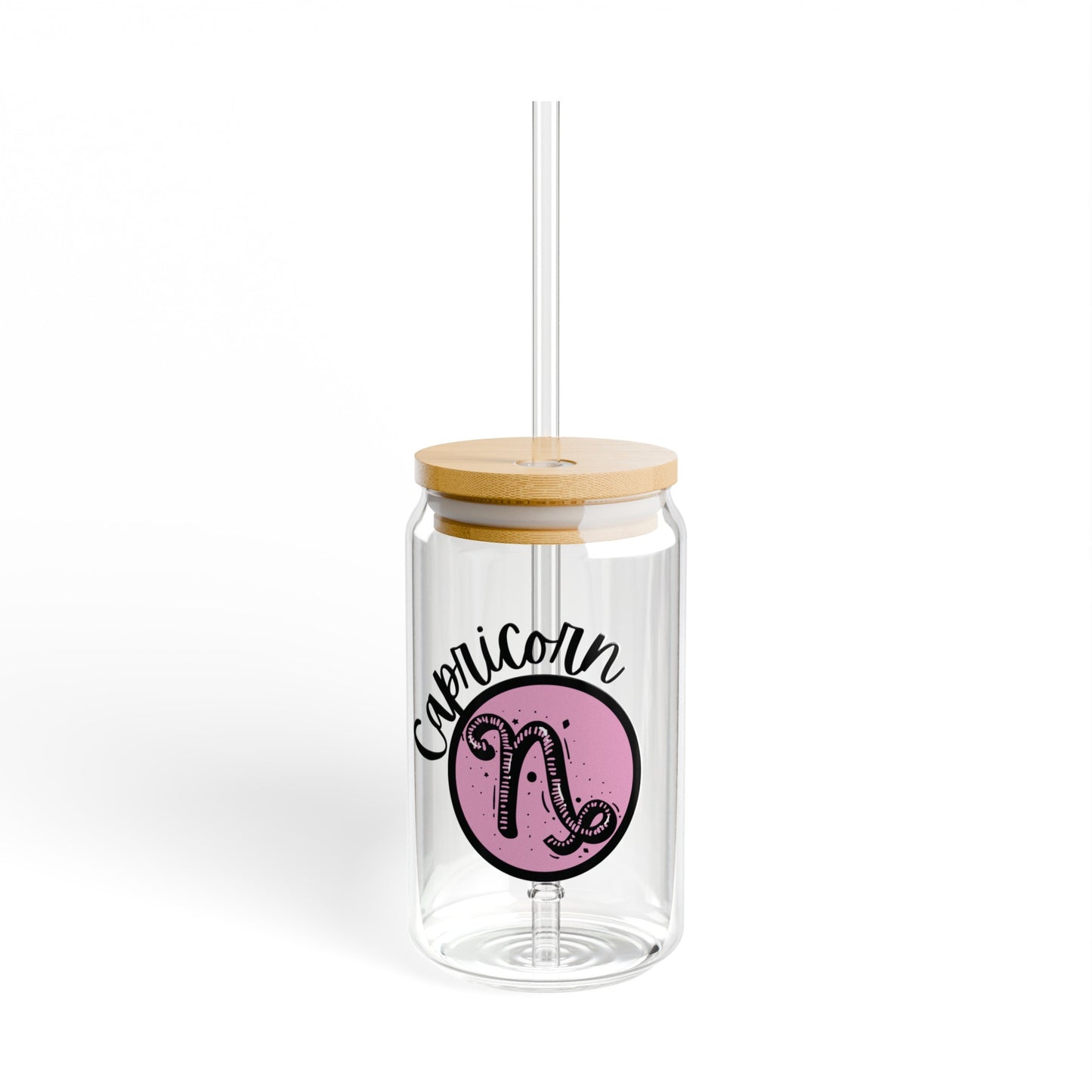 Pink and Black Capricorn 16oz Glass Can with Lid and Straw