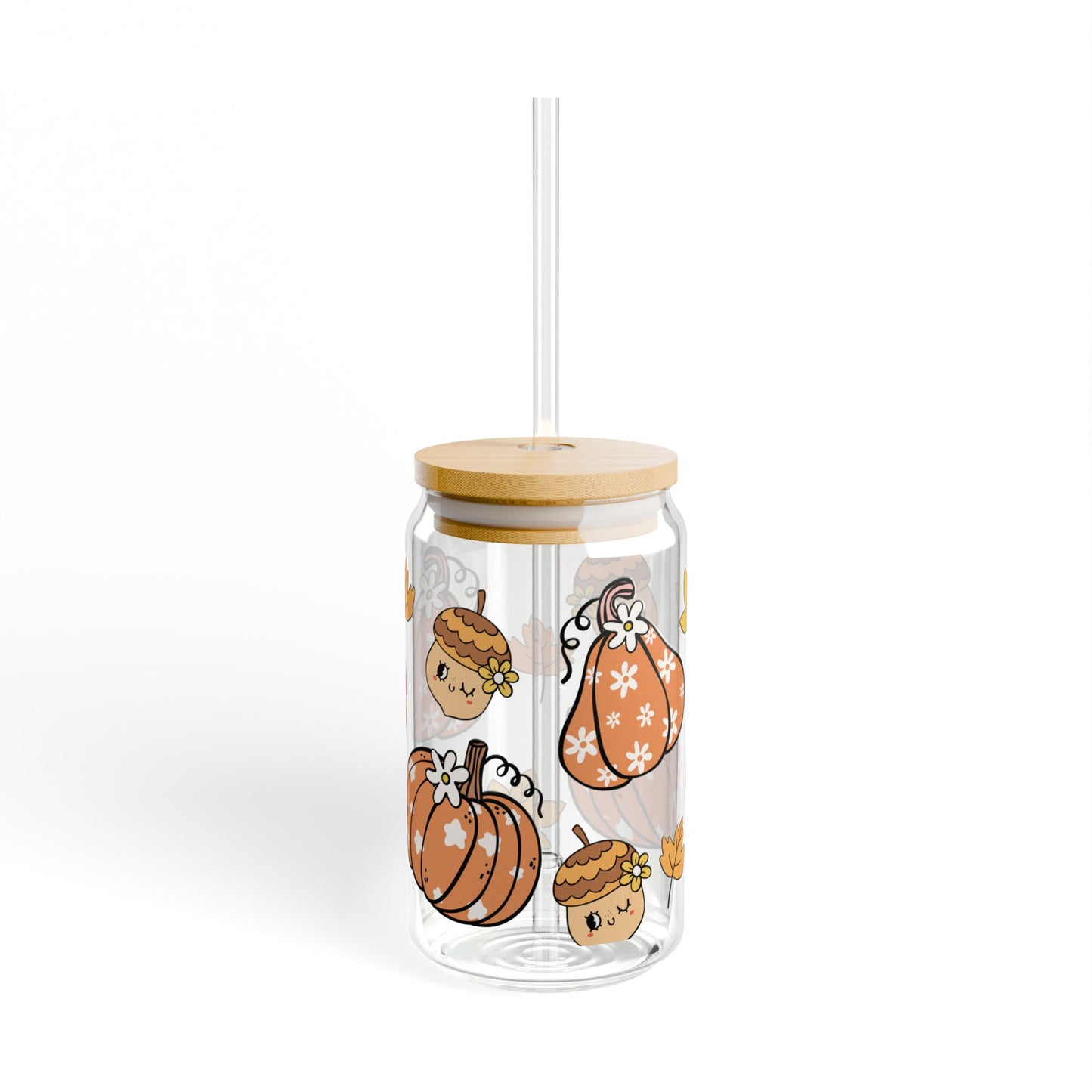 Pumpkin Fall 16oz Glass Can with Lid and Straw